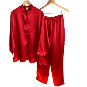 VTG Lingerie Cacique Red Satin Women 2 Pajama Set Mandarin Collar Frog Closure M